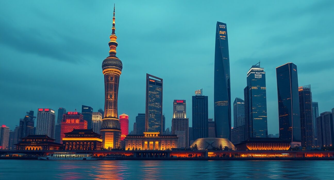 China economic growth represented by Shanghai's modern financial district skyline at dusk
