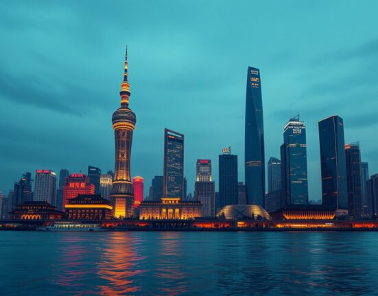 China economic growth represented by Shanghai's modern financial district skyline at dusk