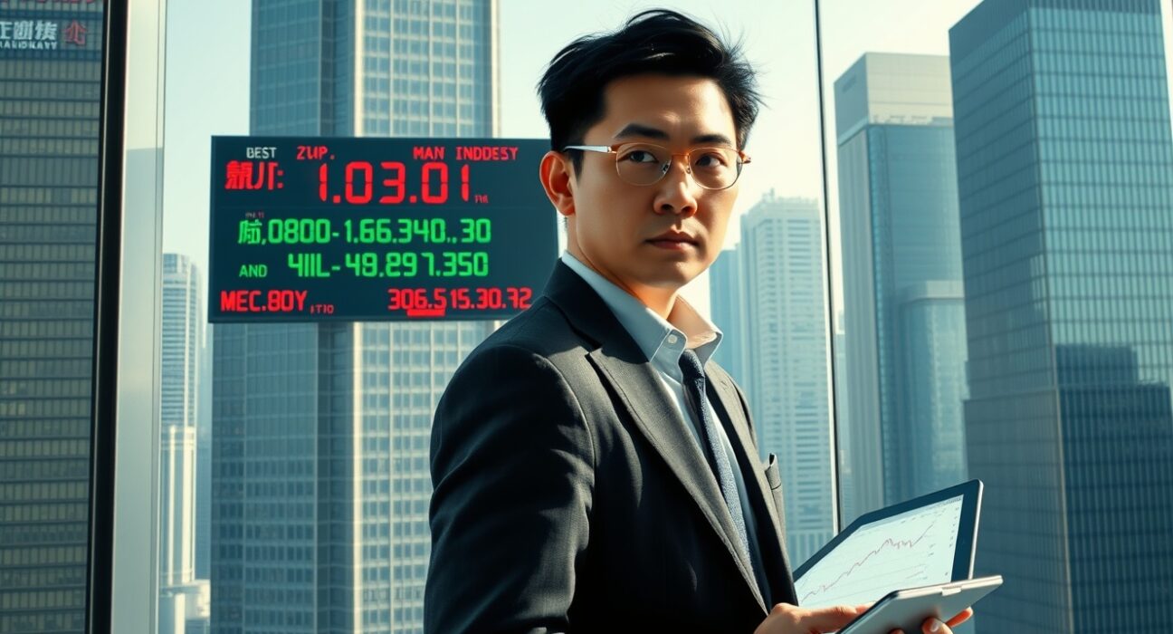 Financial analyst in Shanghai reviewing economic data showing China growth risks from oil prices and US relations