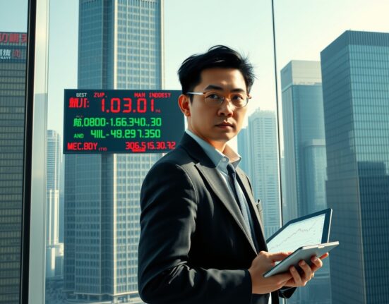 Financial analyst in Shanghai reviewing economic data showing China growth risks from oil prices and US relations