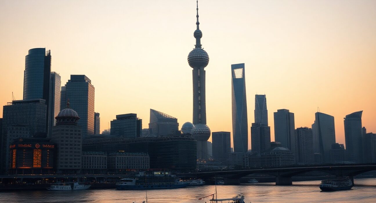 Shanghai skyline at dusk, symbolizing China's economic outlook and growth risks.