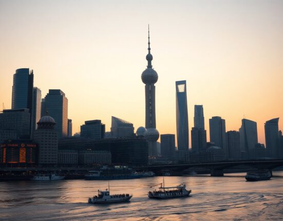Shanghai skyline at dusk, symbolizing China's economic outlook and growth risks.