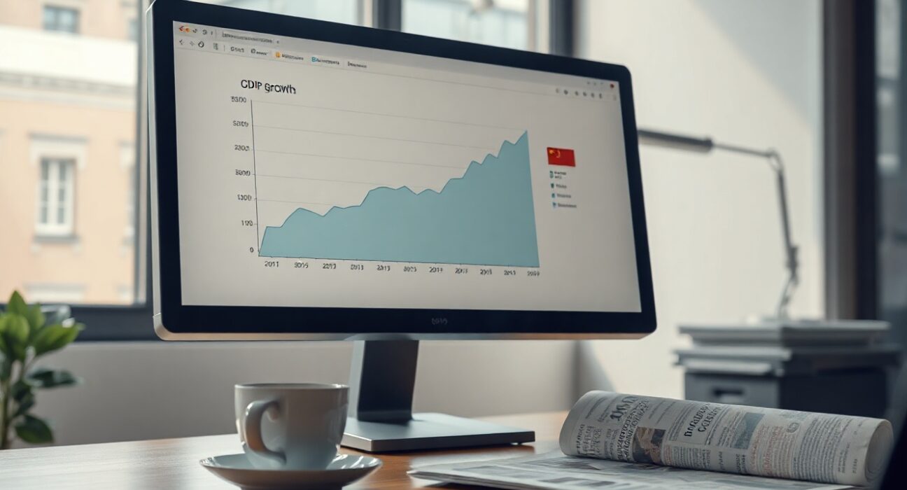 Analyst monitoring China GDP growth chart on computer screen in modern office