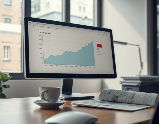 Analyst monitoring China GDP growth chart on computer screen in modern office