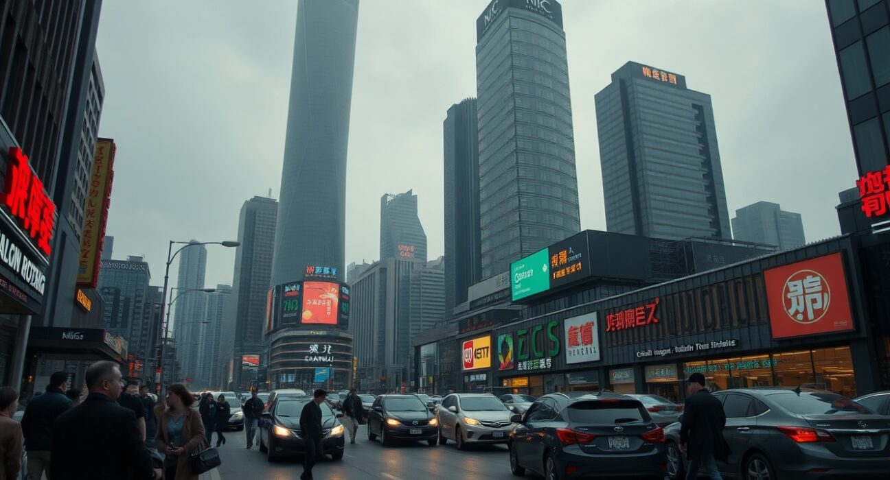 Shanghai street scene with overcast skies and slow traffic, representing China's economic slowdown and reflation concerns