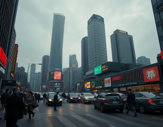 Shanghai street scene with overcast skies and slow traffic, representing China's economic slowdown and reflation concerns