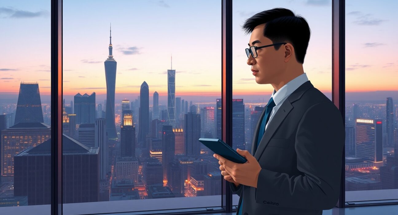 Chinese economist analyzing China growth target data with city financial district backdrop