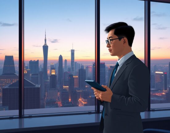 Chinese economist analyzing China growth target data with city financial district backdrop