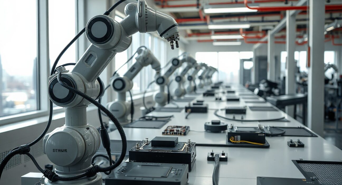 High-tech manufacturing line in China with robotic arms assembling electronics