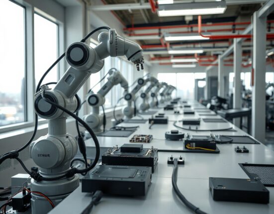 High-tech manufacturing line in China with robotic arms assembling electronics