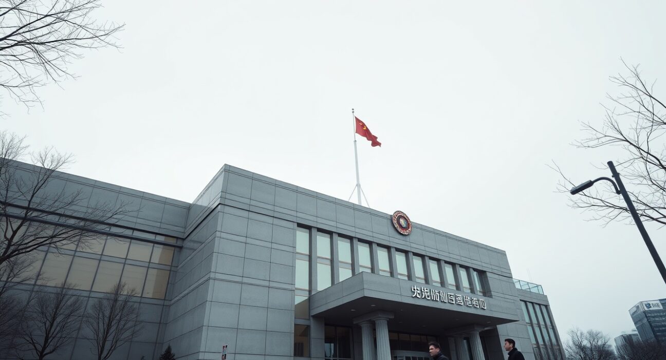 Exterior of the People's Bank of China headquarters in Beijing on a cloudy day.