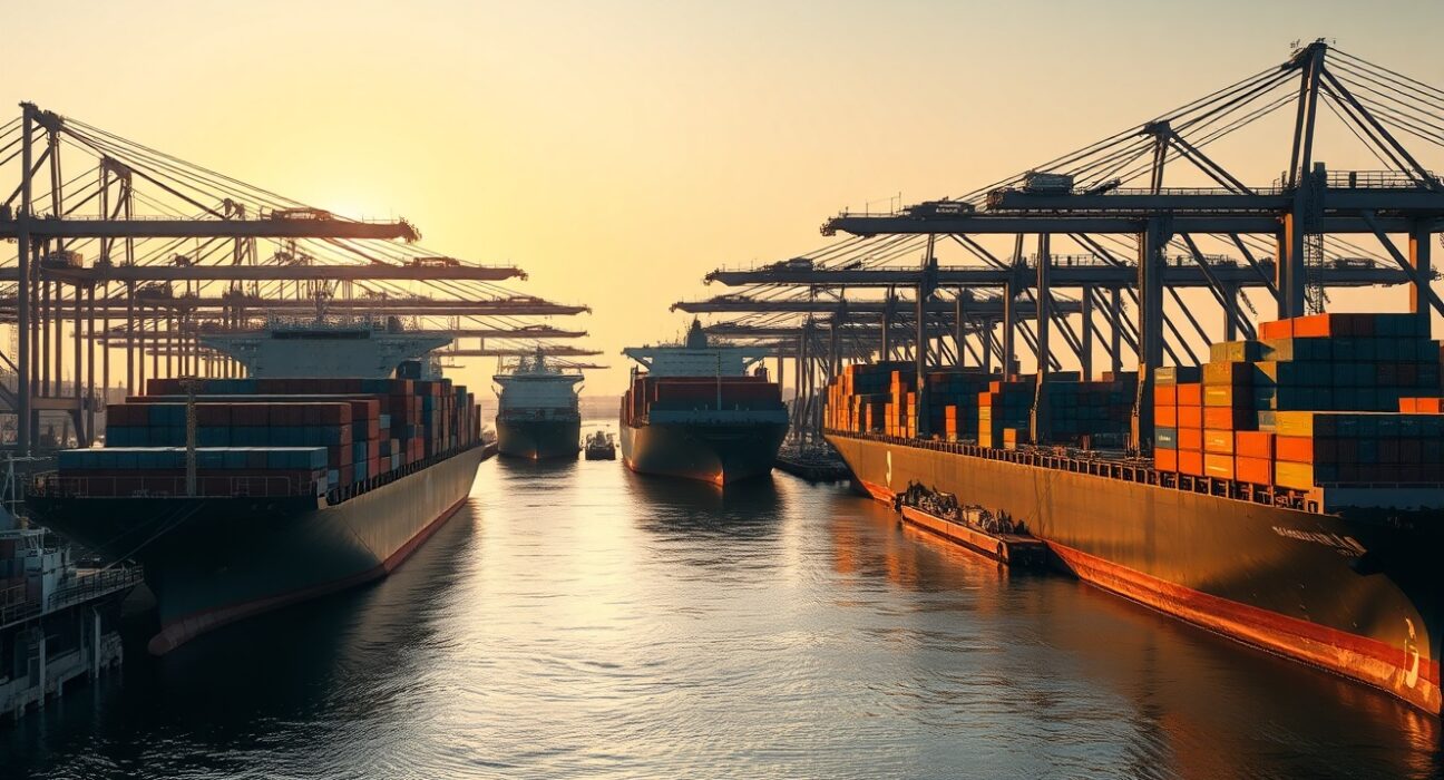 Busy Chinese port with container ships and cranes at sunrise, representing strong import activity.