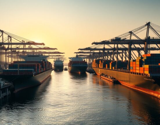 Busy Chinese port with container ships and cranes at sunrise, representing strong import activity.