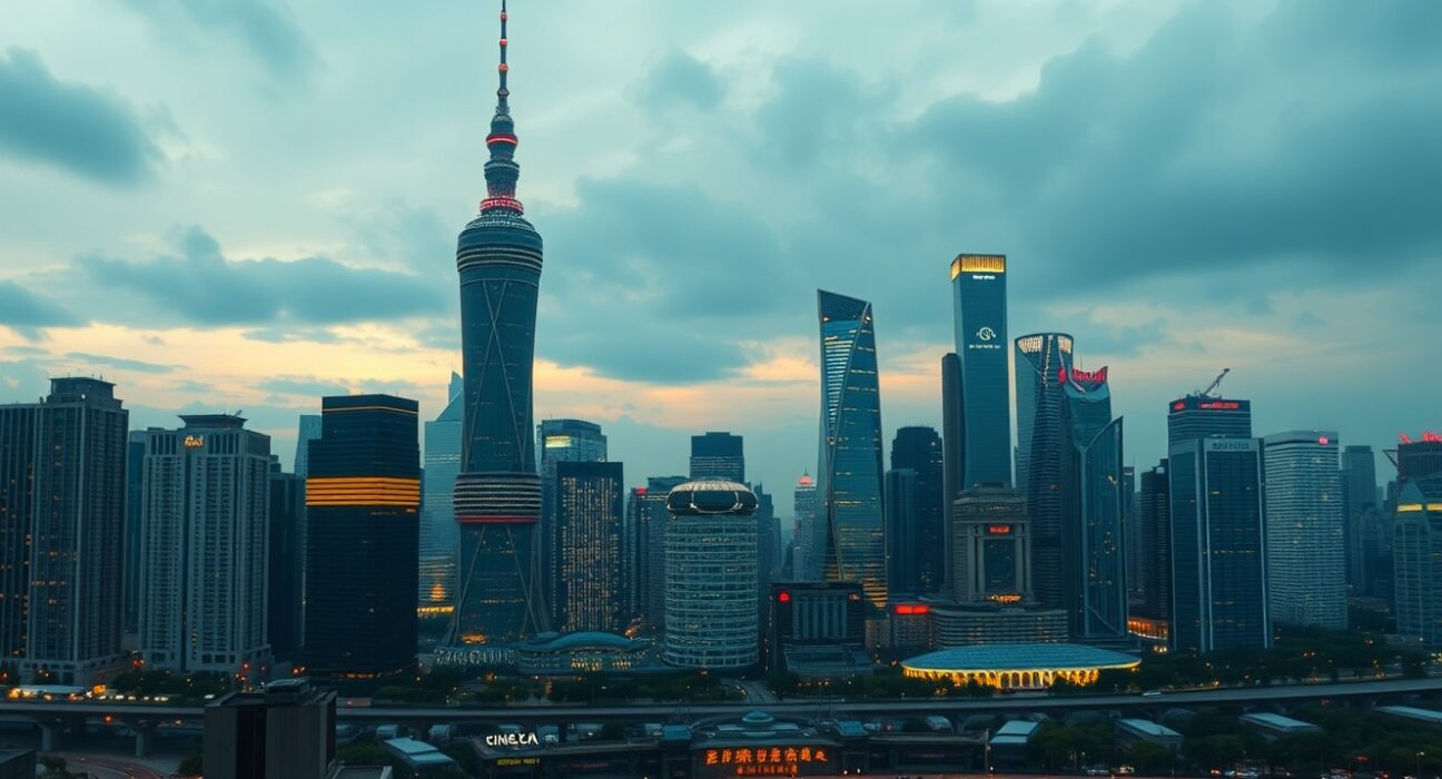 Shanghai financial district skyline at dusk representing China's economic outlook and trade risks