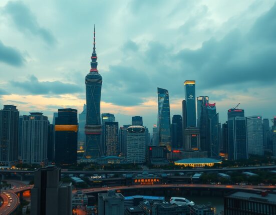 Shanghai financial district skyline at dusk representing China's economic outlook and trade risks