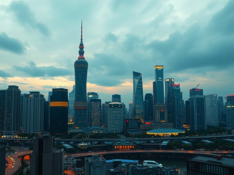 Shanghai financial district skyline at dusk representing China's economic outlook and trade risks