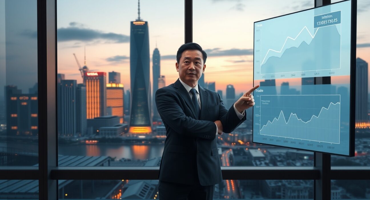 Chinese economist analyzing inflation and trade data charts signaling economic growth.