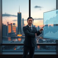 Chinese economist analyzing inflation and trade data charts signaling economic growth.