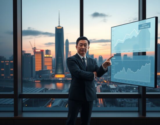 Chinese economist analyzing inflation and trade data charts signaling economic growth.