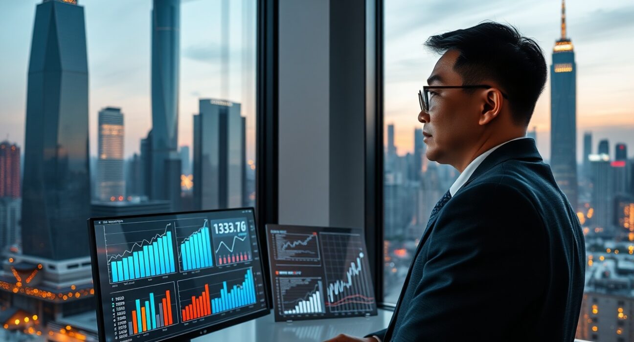 Business analyst in China reviewing innovation sector data visualizations with modern city backdrop