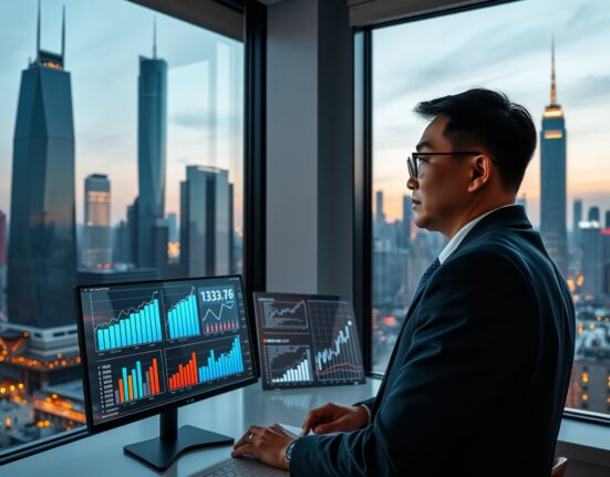 Business analyst in China reviewing innovation sector data visualizations with modern city backdrop