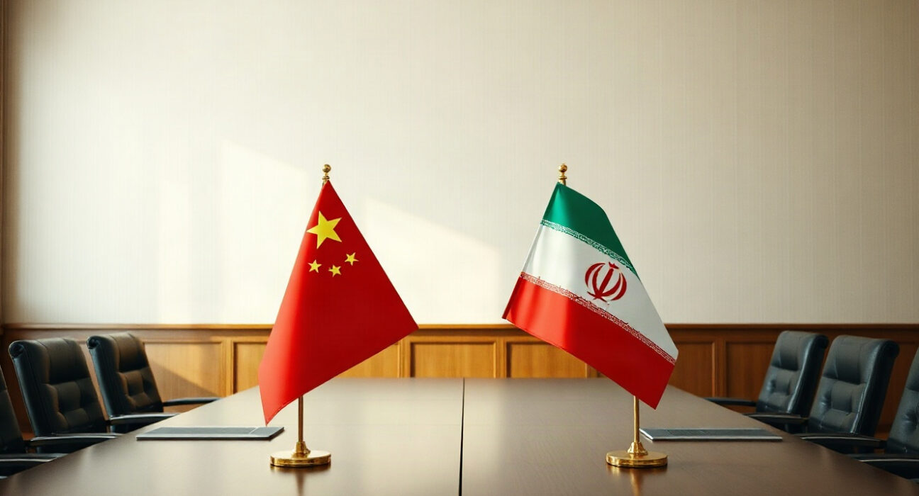 Chinese and Iranian flags displayed together in a diplomatic setting.