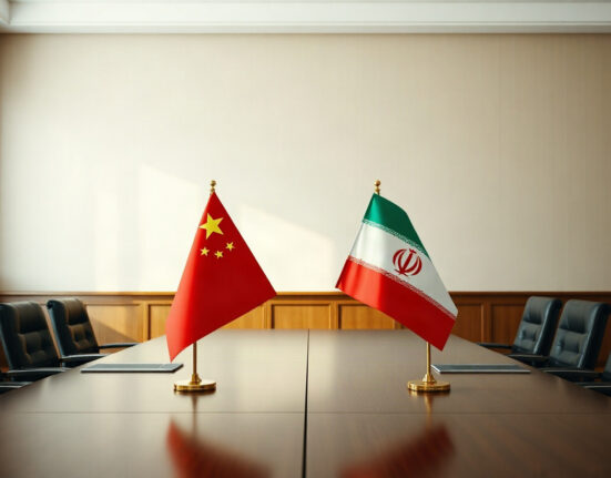 Chinese and Iranian flags displayed together in a diplomatic setting.