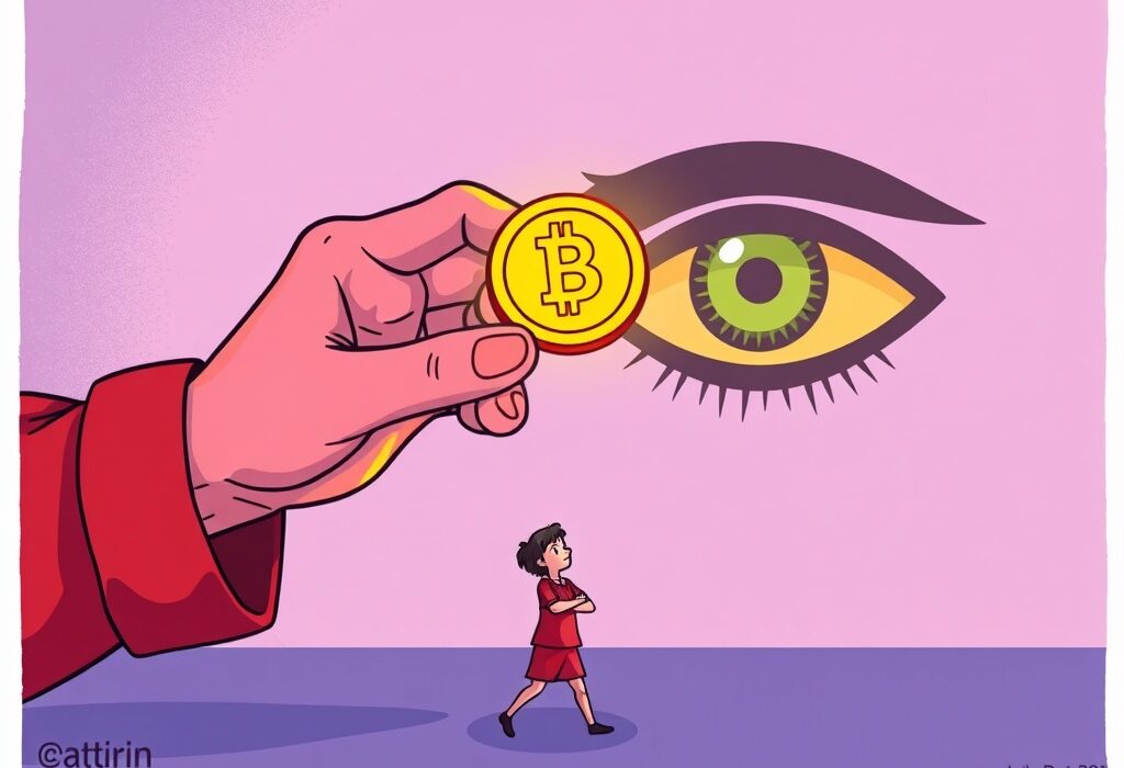 A cartoon illustration depicting the warning from China's Ministry of State Security about foreign companies collecting sensitive iris information through deceptive crypto tokens.