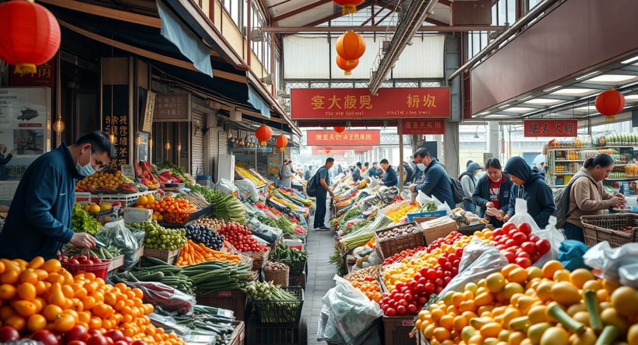 Shoppers at a fresh produce market in China, reflecting consumer activity and price trends.
