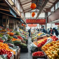 Shoppers at a fresh produce market in China, reflecting consumer activity and price trends.