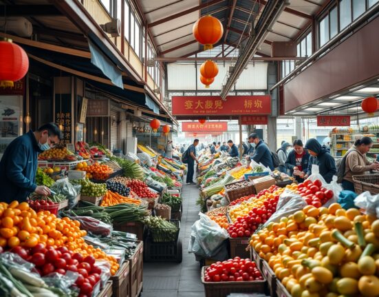 Shoppers at a fresh produce market in China, reflecting consumer activity and price trends.