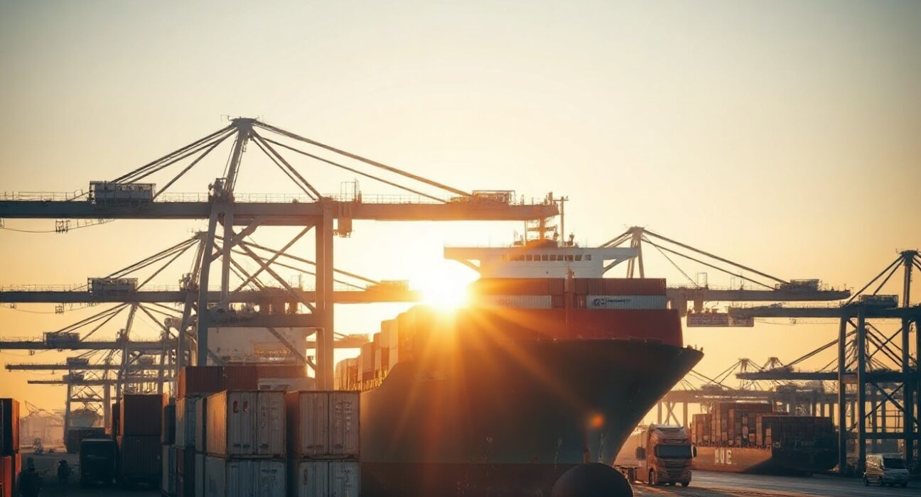Container ship being loaded at a Chinese port at dawn, symbolizing import activity.