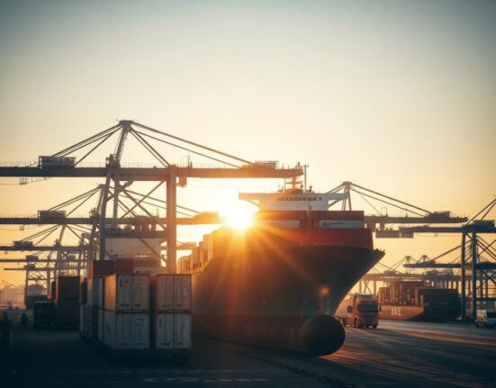 Container ship being loaded at a Chinese port at dawn, symbolizing import activity.