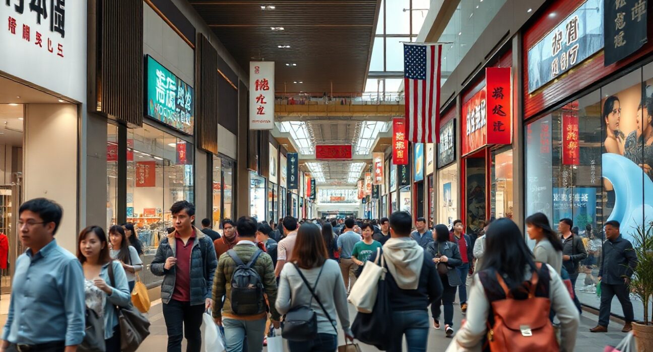 Shoppers on a busy retail street in China, illustrating consumer activity amid July sales data.