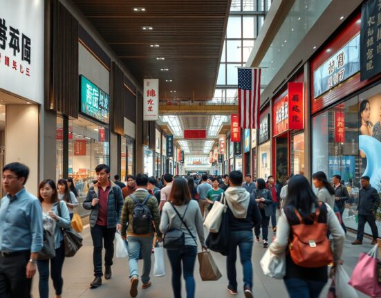 Shoppers on a busy retail street in China, illustrating consumer activity amid July sales data.