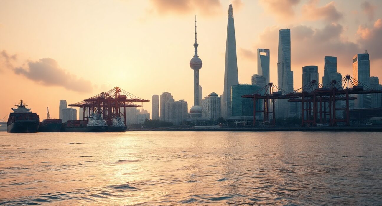 Shanghai skyline and port at dusk, representing China's trade activity in July.