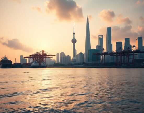 Shanghai skyline and port at dusk, representing China's trade activity in July.