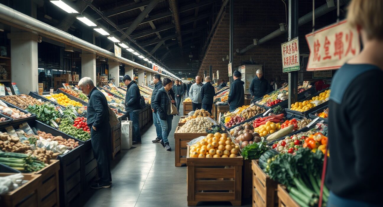 Shoppers at a fresh produce market in a Chinese city, with price tags visible on vegetables.