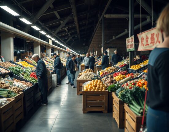 Shoppers at a fresh produce market in a Chinese city, with price tags visible on vegetables.