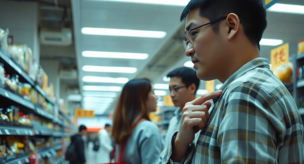 Shopper looking at price tags in a Chinese supermarket, illustrating consumer price trends.