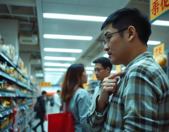 Shopper looking at price tags in a Chinese supermarket, illustrating consumer price trends.