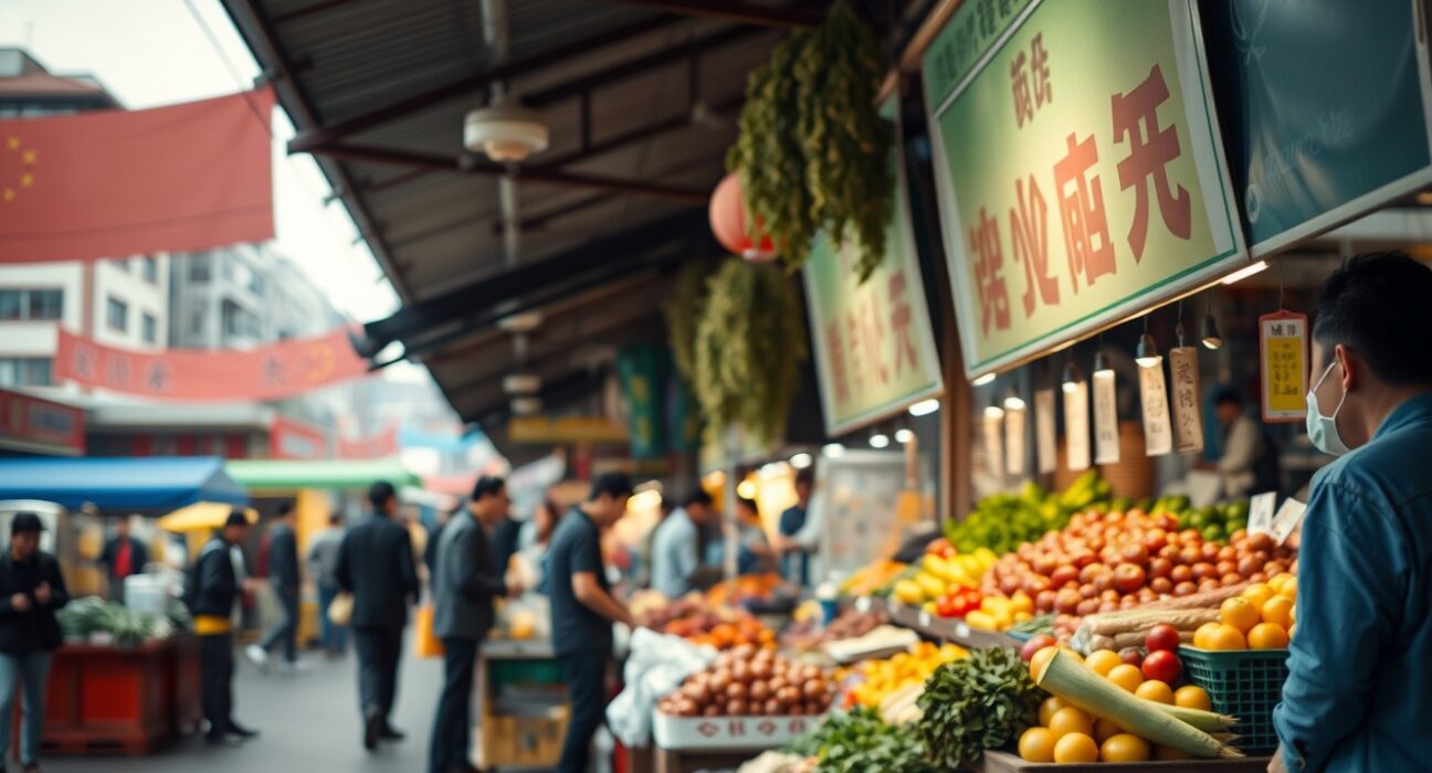 A busy fresh food market in a Chinese city, illustrating consumer prices and economic activity.