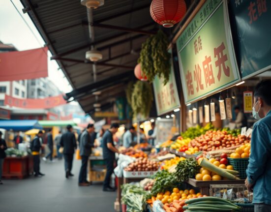 A busy fresh food market in a Chinese city, illustrating consumer prices and economic activity.