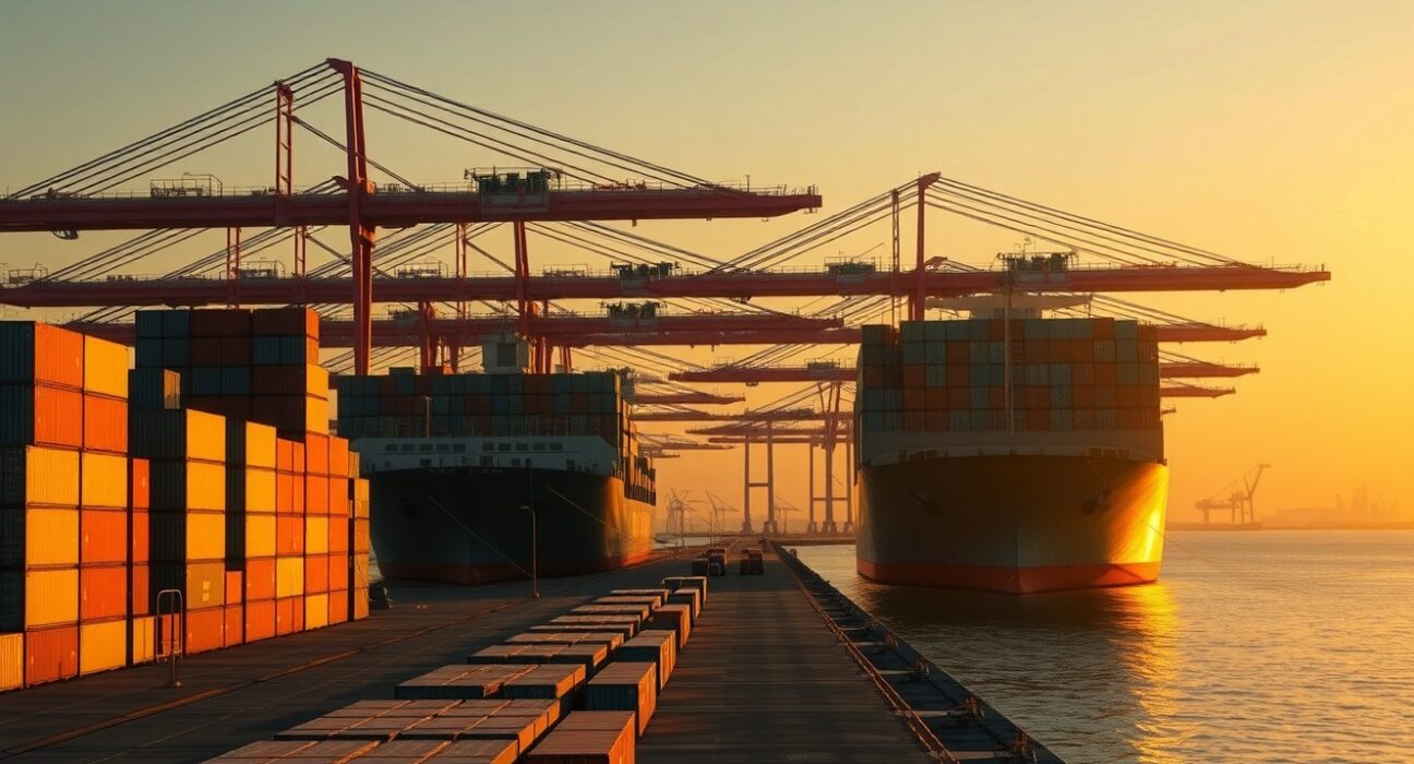 Busy Chinese container port at sunrise with cargo ships and cranes loading goods