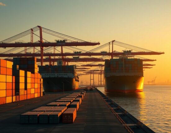 Busy Chinese container port at sunrise with cargo ships and cranes loading goods