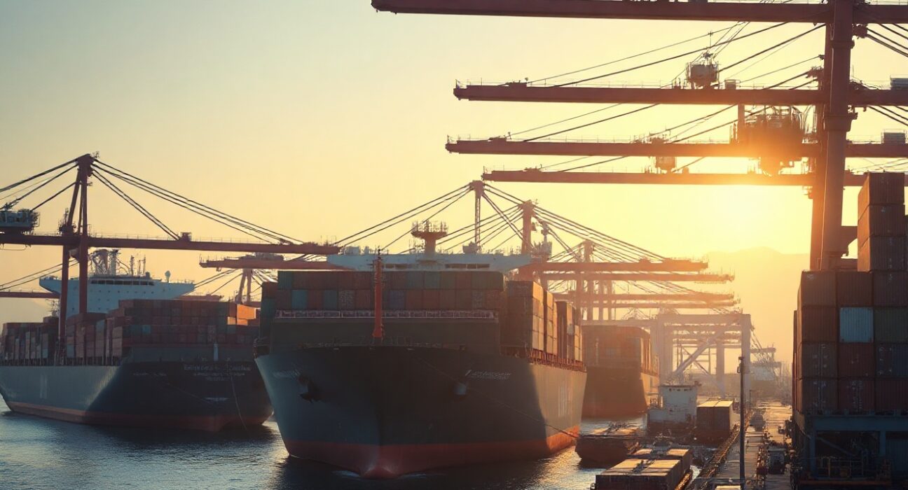 Container ships at a Chinese port at sunrise, representing China's trade activity.