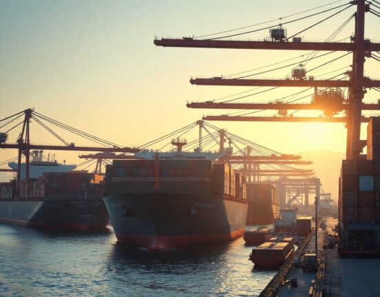 Container ships at a Chinese port at sunrise, representing China's trade activity.