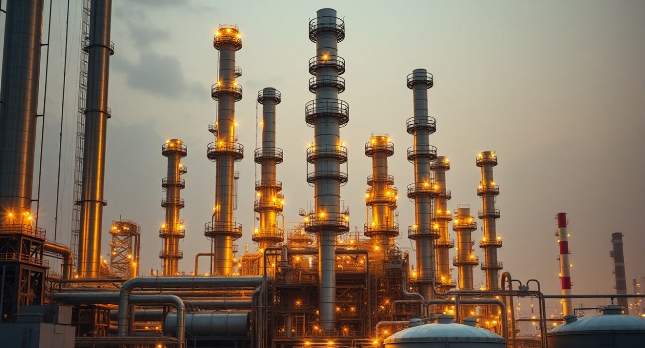 Large Chinese oil refinery complex at dusk with distillation columns and storage tanks