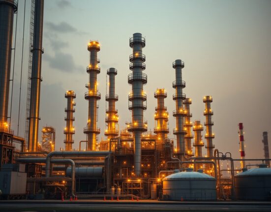 Large Chinese oil refinery complex at dusk with distillation columns and storage tanks