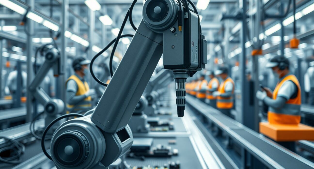 China manufacturing outlook brightens with robotic arms on a factory floor, reflecting UOB report on softening demand